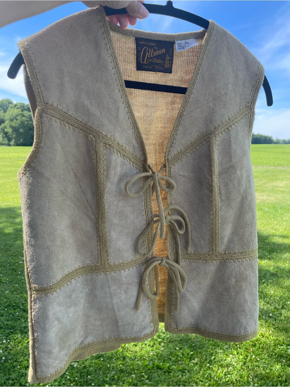 Vintage 1970s vest by Altman of Dallas Suede Lace-Up Vest in Taupe knit back
